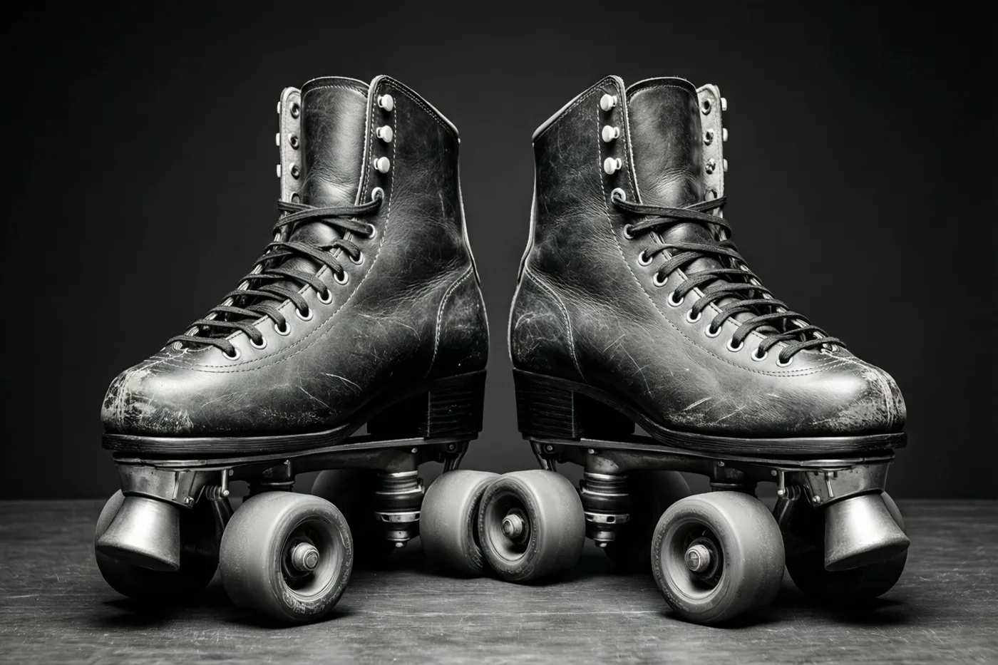 Een paar oude rolschaatsen met versleten leer en metalen details staat naast elkaar tegen een donkere achtergrond op een zwart-witfoto.