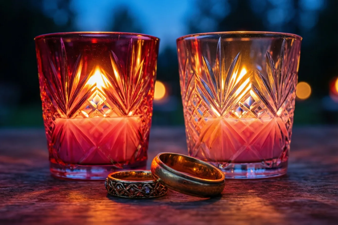 Twee kristallen glazen met brandende kaarsen staan op een houten ondergrond en verlichten twee oude gouden trouwringen die ervoor liggen.