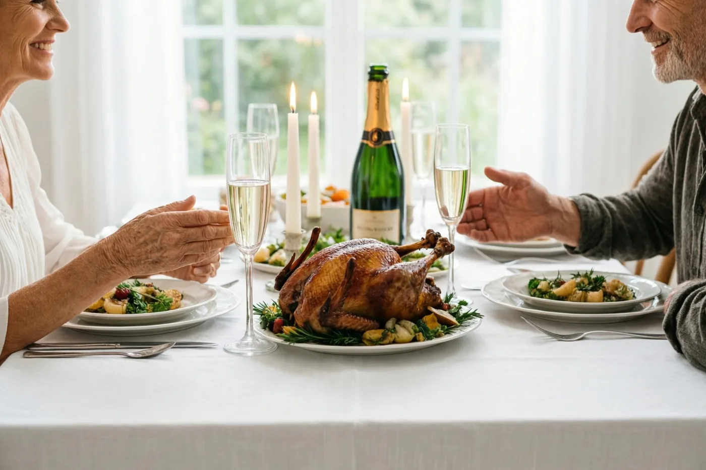 Een ouder koppel zit aan een feestelijk gedekte tafel met een gebraden vogel, champagne, kaarsen en een wit tafelkleed, met daglicht uit een raam op de achtergrond.