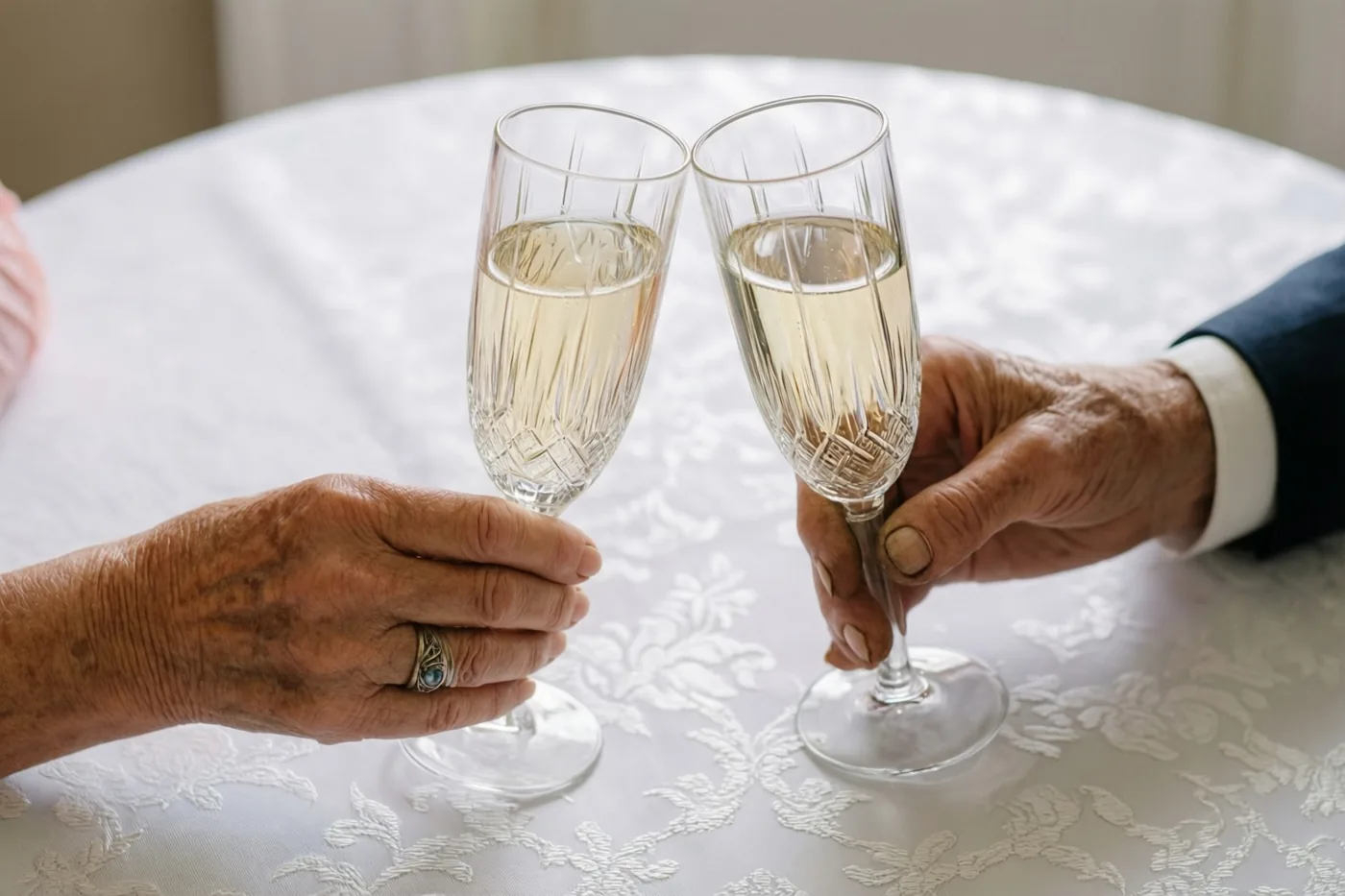 Twee gerimpelde oudere handen met zichtbare aders klinken met kristallen champagneglazen vol bubbels boven wit damast, waarbij één hand een sierlijke trouwring draagt.