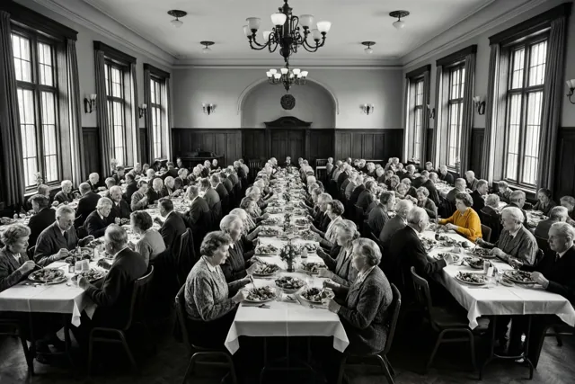 Ouderen eten samen aan lange tafels met witte tafelkleden in een grote zaal met houten wandbekleding, grote ramen en kroonluchters.