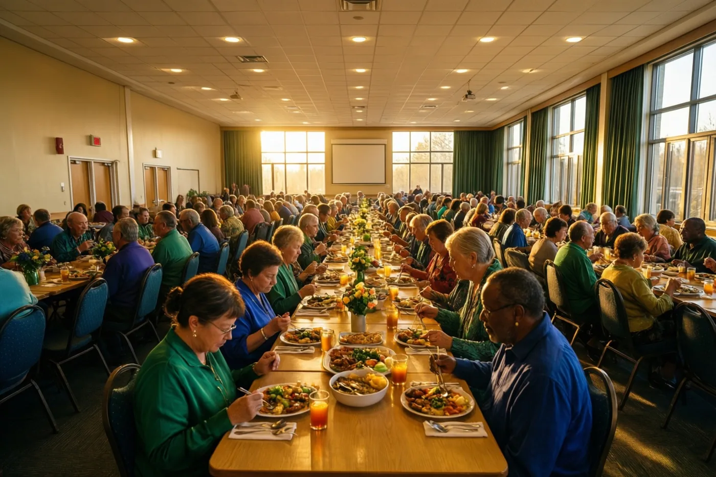Veel ouderen eten aan lange houten tafels in een grote zaal met groene gordijnen.
