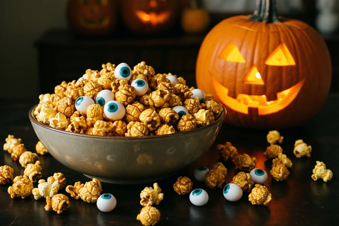 Een grote kom vol karamelpopcorn en snoepogen staat naast een verlichte uitgesneden pompoen op een donkere tafel in warm oranje en bruin licht.