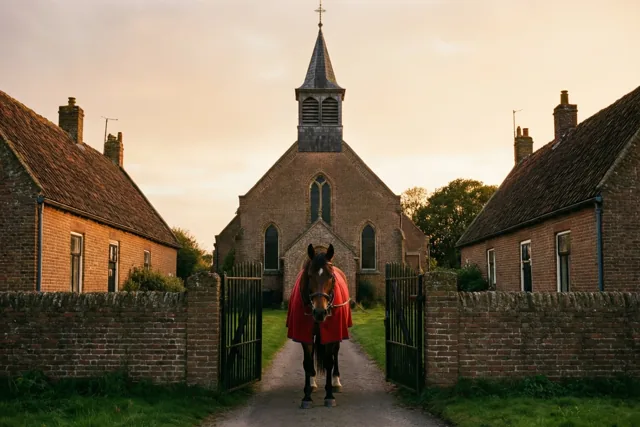 Een paard met een rode mantel staat bij de open poort van een bakstenen dorpskerk, omringd door bakstenen muren en huizen in warm avondlicht.