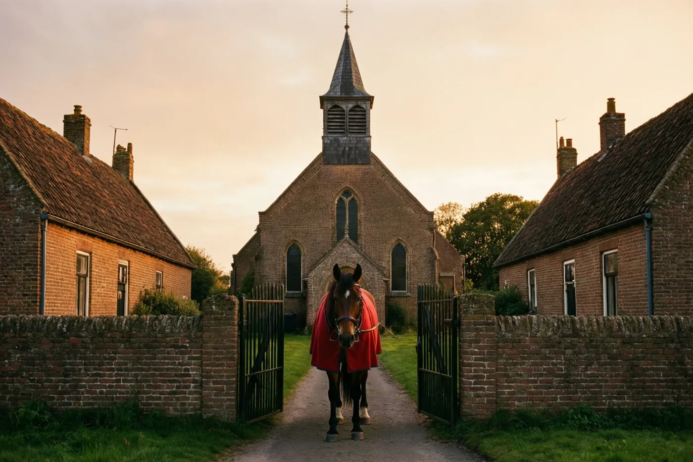 Een paard met een rode mantel staat bij de open poort van een bakstenen dorpskerk, omringd door bakstenen muren en huizen in warm avondlicht.