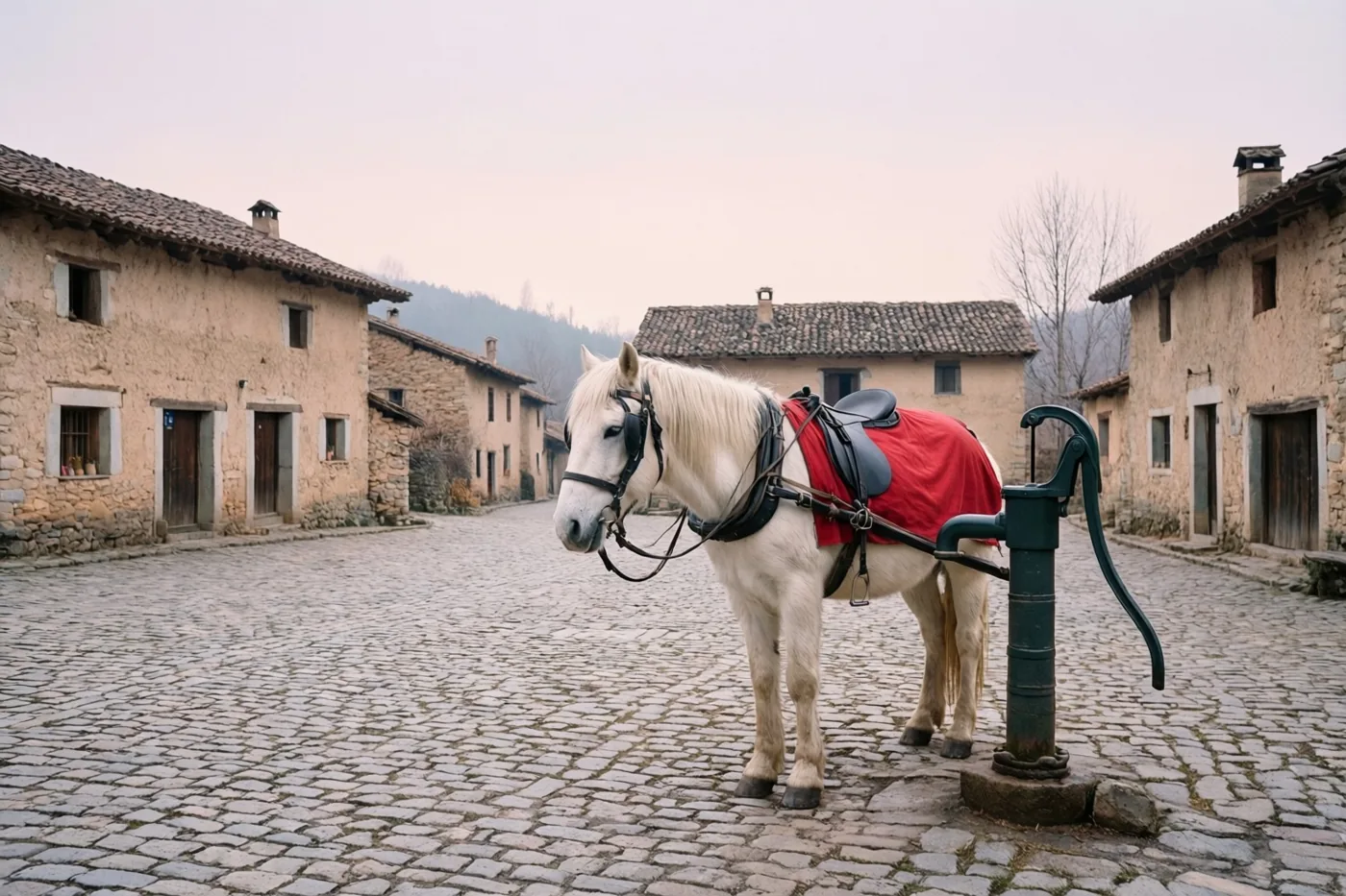 Een wit paard met een rood zadeldek staat vastgebonden aan een groene waterpomp op een gekasseid plein tussen stenen dorpsgebouwen onder een bewolkte hemel.