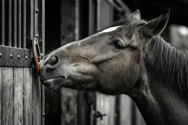 Een paardenhoofd besnuffelt een roestig hoefijzer op een houten staldeur in een zwart-witbeeld waarin alleen het hoefijzer oranjebruin kleurt.
