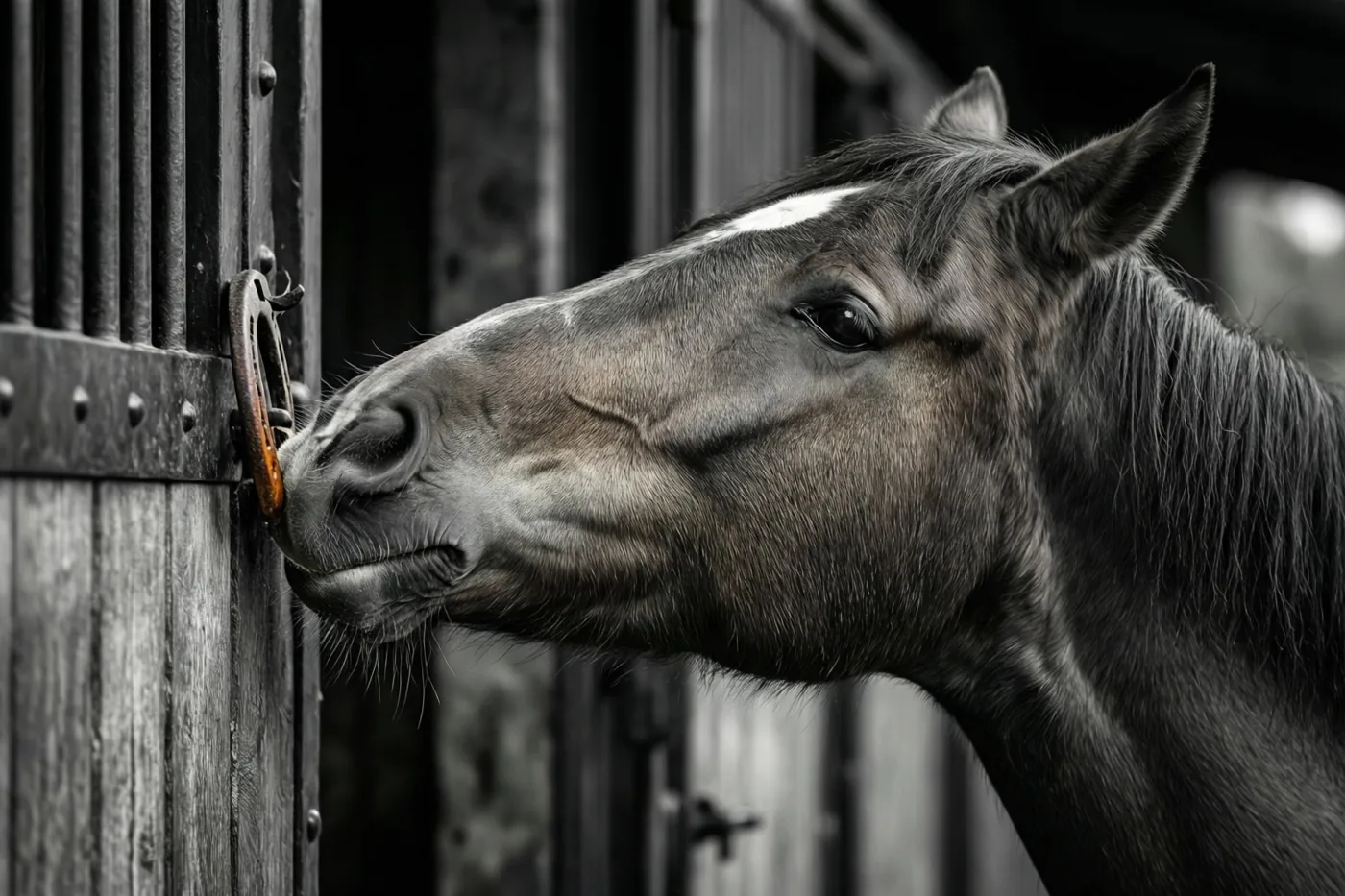 Een paardenhoofd besnuffelt een roestig hoefijzer op een houten staldeur in een zwart-witbeeld waarin alleen het hoefijzer oranjebruin kleurt.