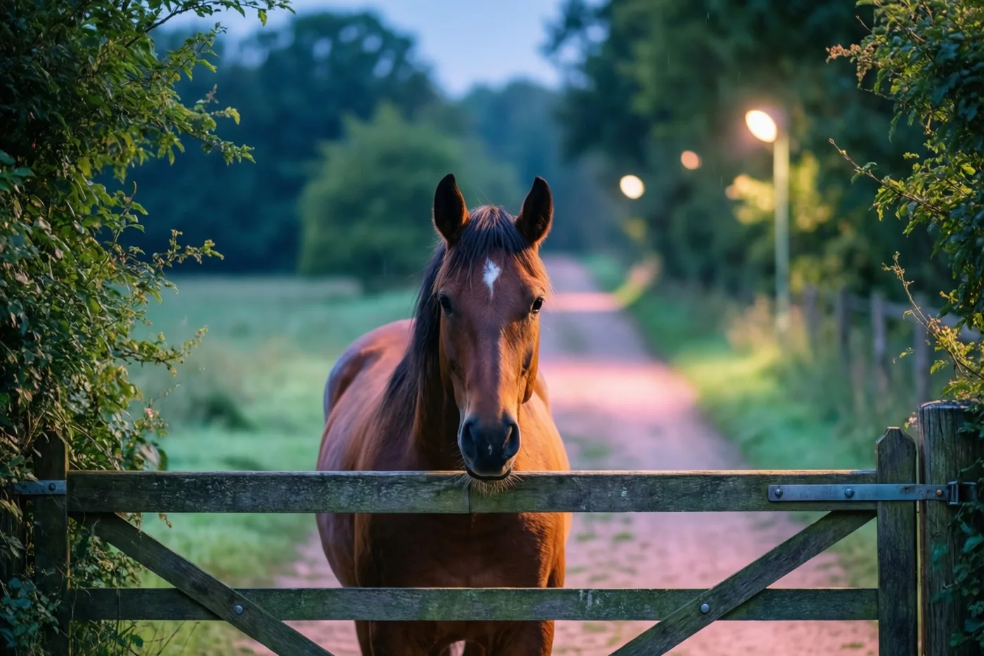 Een bruin paard met een witte vlek op het voorhoofd kijkt over een houten hek langs een onverhard pad met bomen in warm goudkleurig licht.
