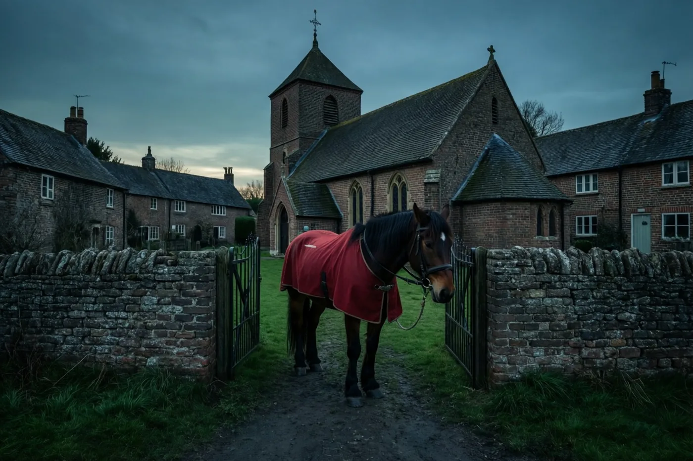 Een paard met een rode deken staat bij een stenen poort voor een bakstenen dorpskerk, onder een donker wordende hemel in gedempte tinten.