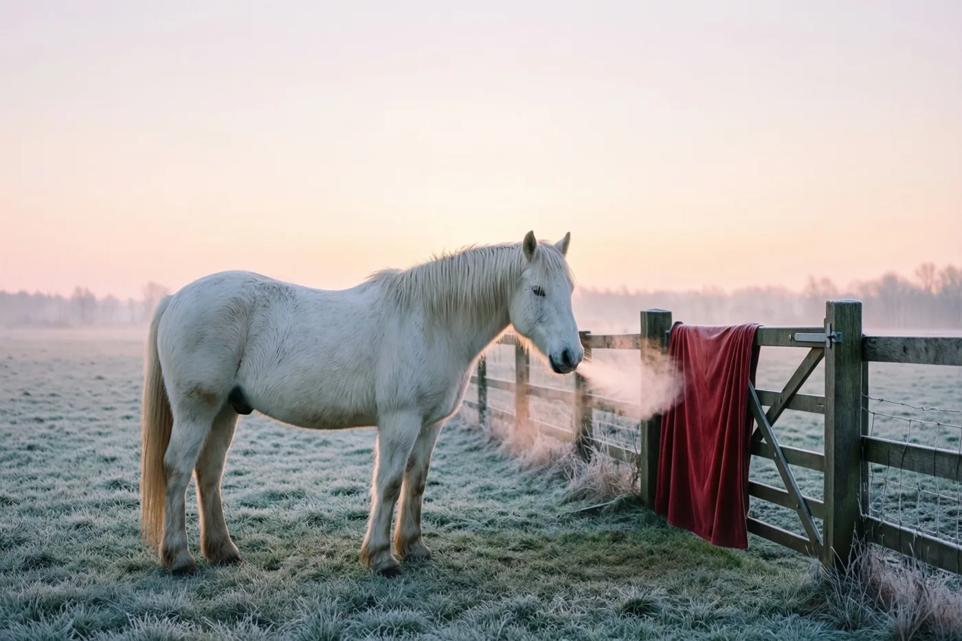 Een wit paard met zichtbare adem staat bij dageraad in een berijpte weide naast een houten hek met een rode deken, onder een lucht in pastelkleuren.