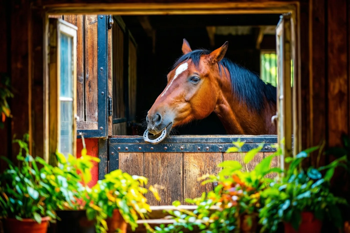Een bruin paard met een witte bles kijkt uit een houten stalraam met zijn snuit bij een hoefijzer op de deur en groene potplanten op de voorgrond.