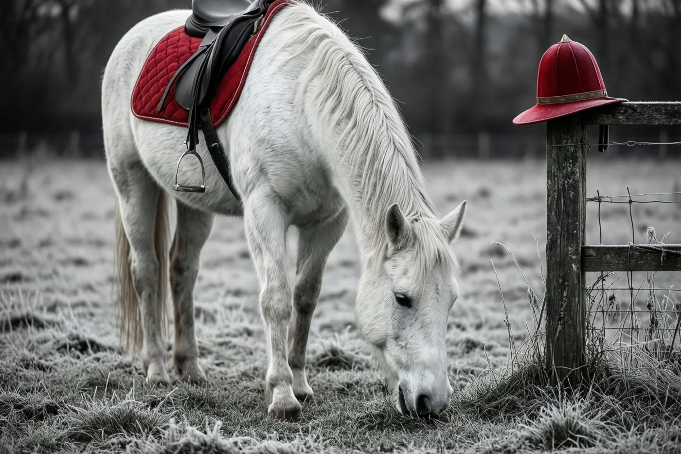 Een wit paard met een rood zadeldek graast in een berijpte weide naast een weidepaal met een rode ruiterhelm, tegen een zwart-witte achtergrond.