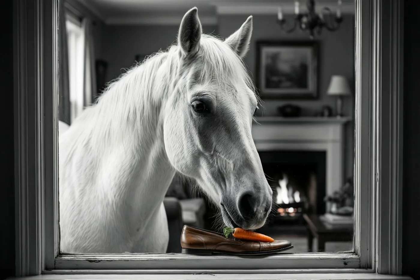 Een wit paard kijkt door een raam naar een woonkamer met een schoen en een wortel op de vensterbank bij een haard, waarbij alleen de wortel kleur heeft.