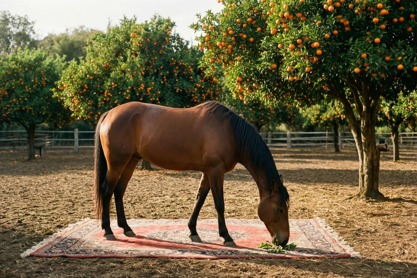 Een bruin paard eet groene bladeren van een tapijt met een patroon in een onverharde paddock, met daarachter rijen sinaasappelbomen vol vruchten onder een heldere hemel.