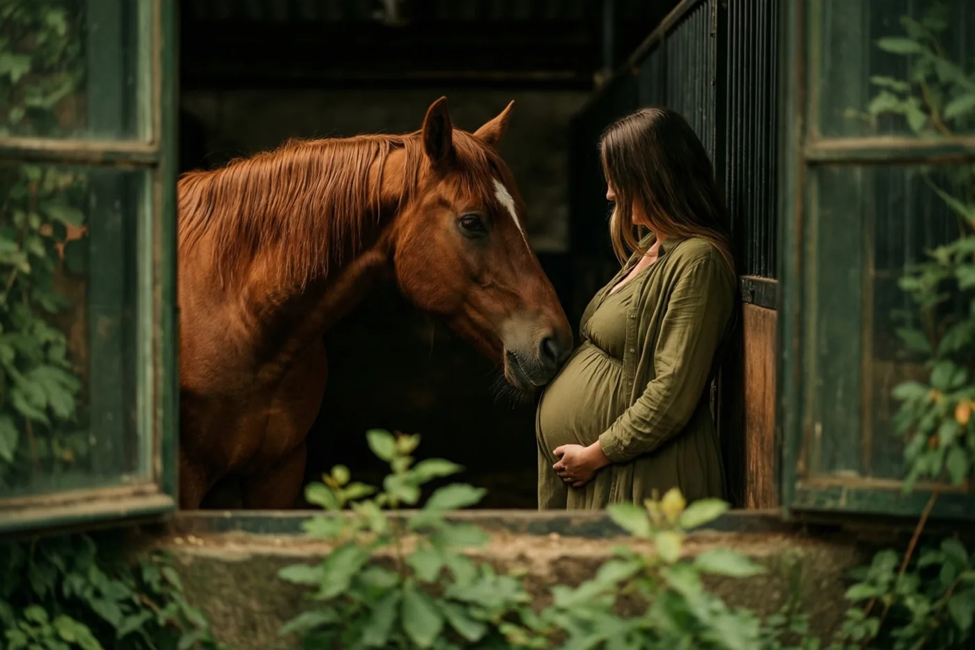 Een zwangere vrouw in een groene jurk staat in een staldeuropening terwijl een bruin paard haar buik met zijn neus aanraakt, omringd door groen en verweerd hout.