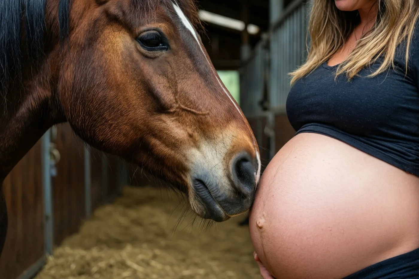 Een bruin paard met een witte bles raakt met zijn neus de buik van een zwangere vrouw aan in een rustieke stal met hooi op de vloer en houten wanden.