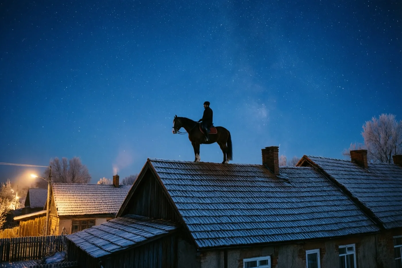 Een silhouet van een paard met ruiter staat op een licht besneeuwd dak onder een diepblauwe sterrenhemel, met berijpte daken en kale bomen eromheen.