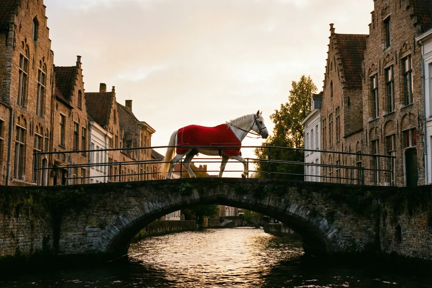 Een wit paard met een rode deken loopt bij schemering over een stenen kanaalbrug tussen historische bakstenen gebouwen, met warme weerspiegelingen in het water.