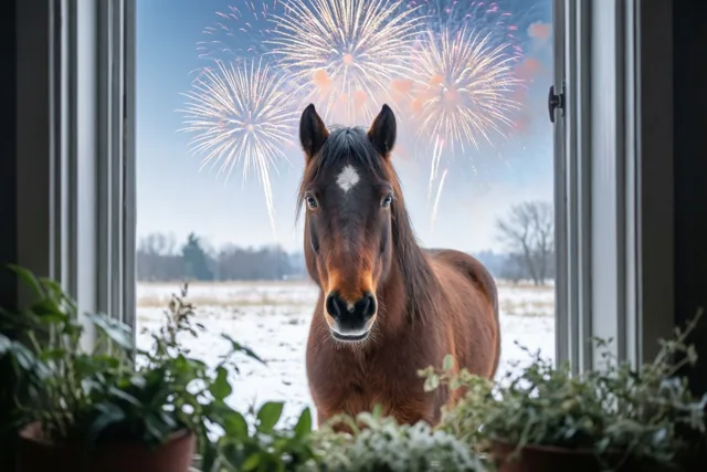Paardengeluk aan het nieuwjaarsraam