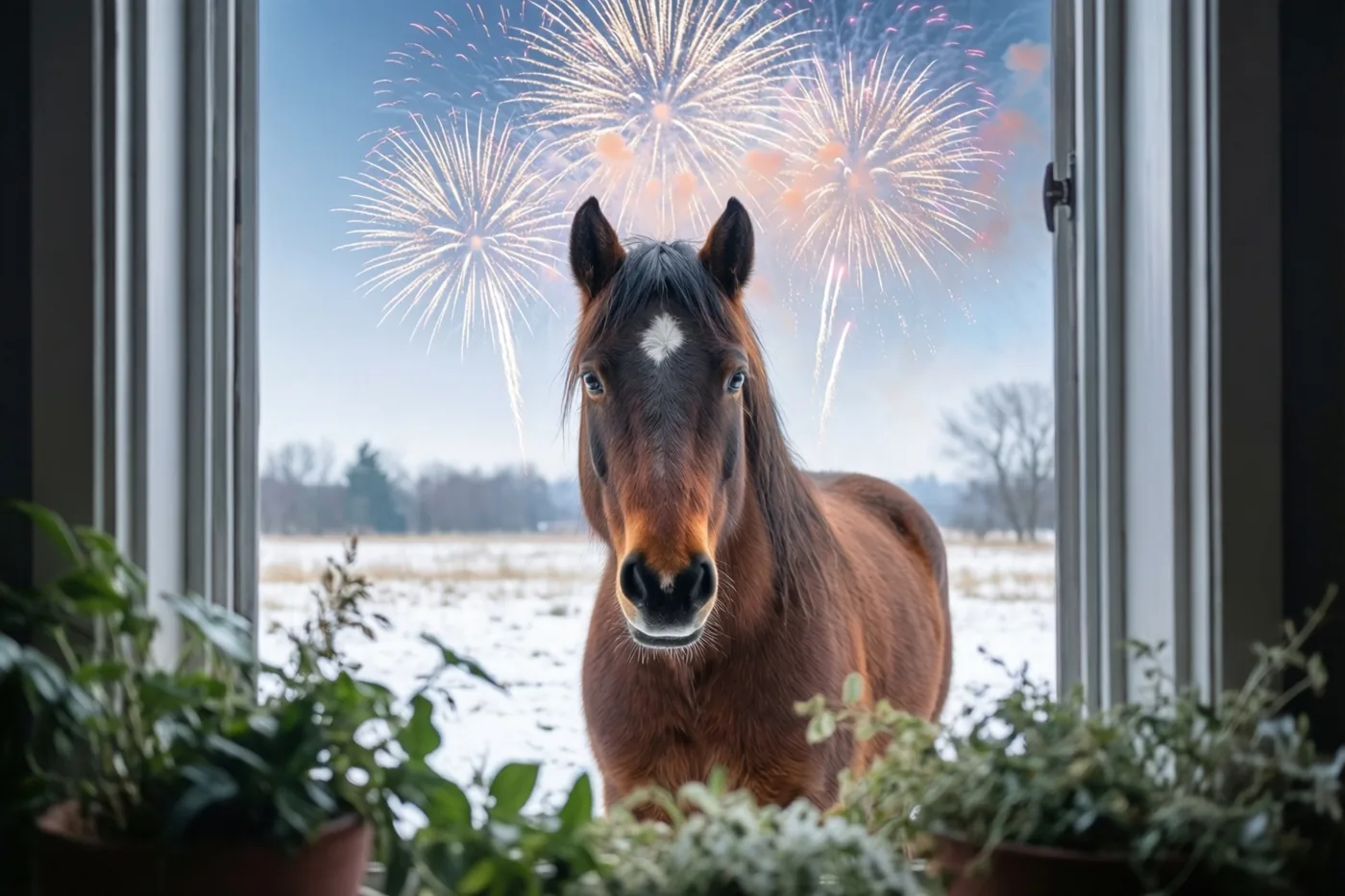 Door een raam met potplanten is een bruin paard met een witte aftekening op het voorhoofd te zien in een besneeuwde weide, met vuurwerk achter zich.