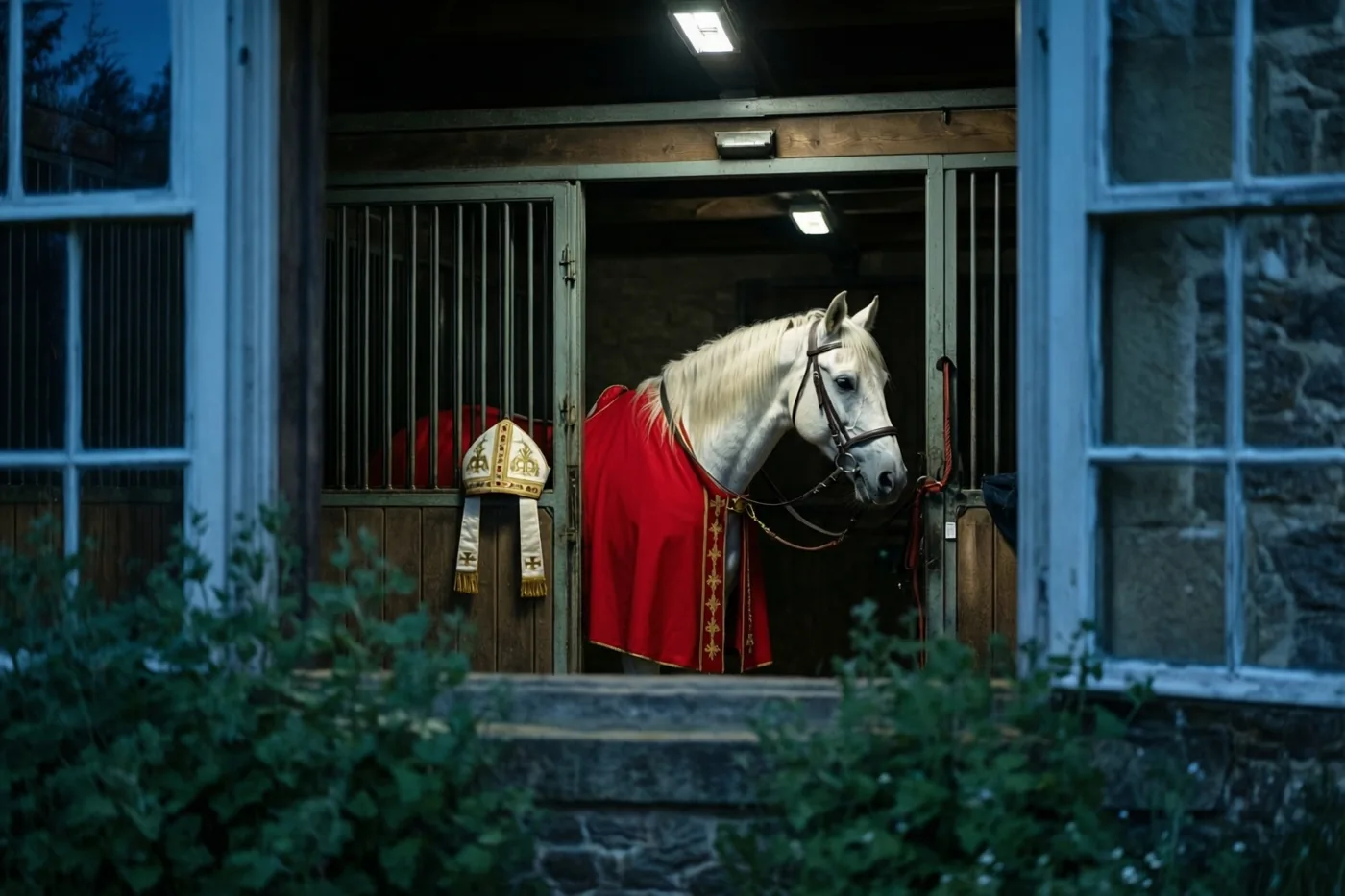 Door een raam met groen gebladerte op de voorgrond is een wit paard in een rode bisschopsmantel te zien, dat ’s nachts in een staldeuropening staat met een mijter aan de deur ernaast.