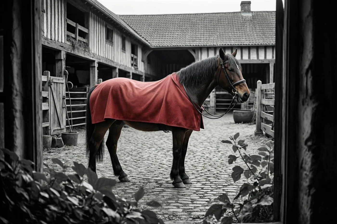Door een houten deuropening is een paard met een rood deken op een gekasseid boerenerf te zien, waarbij het deken als enige een felle kleur heeft.