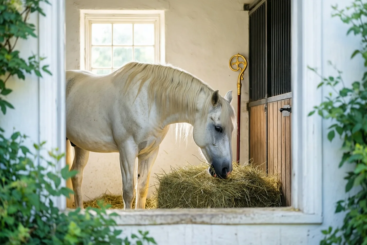 Een wit paard eet hooi in een warm verlichte stal, gezien door een raamkozijn met groen dat het zicht gedeeltelijk bedekt.