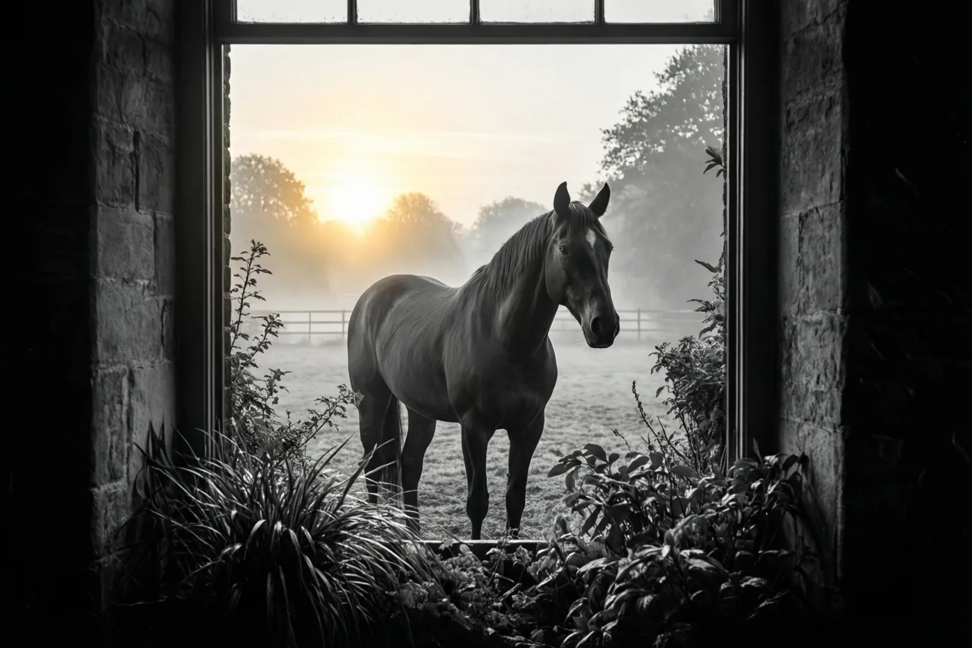 Door een raam met een stenen omlijsting is een paard in een mistige paardenwei bij zonsopgang te zien, weergegeven in één kleurtoon.