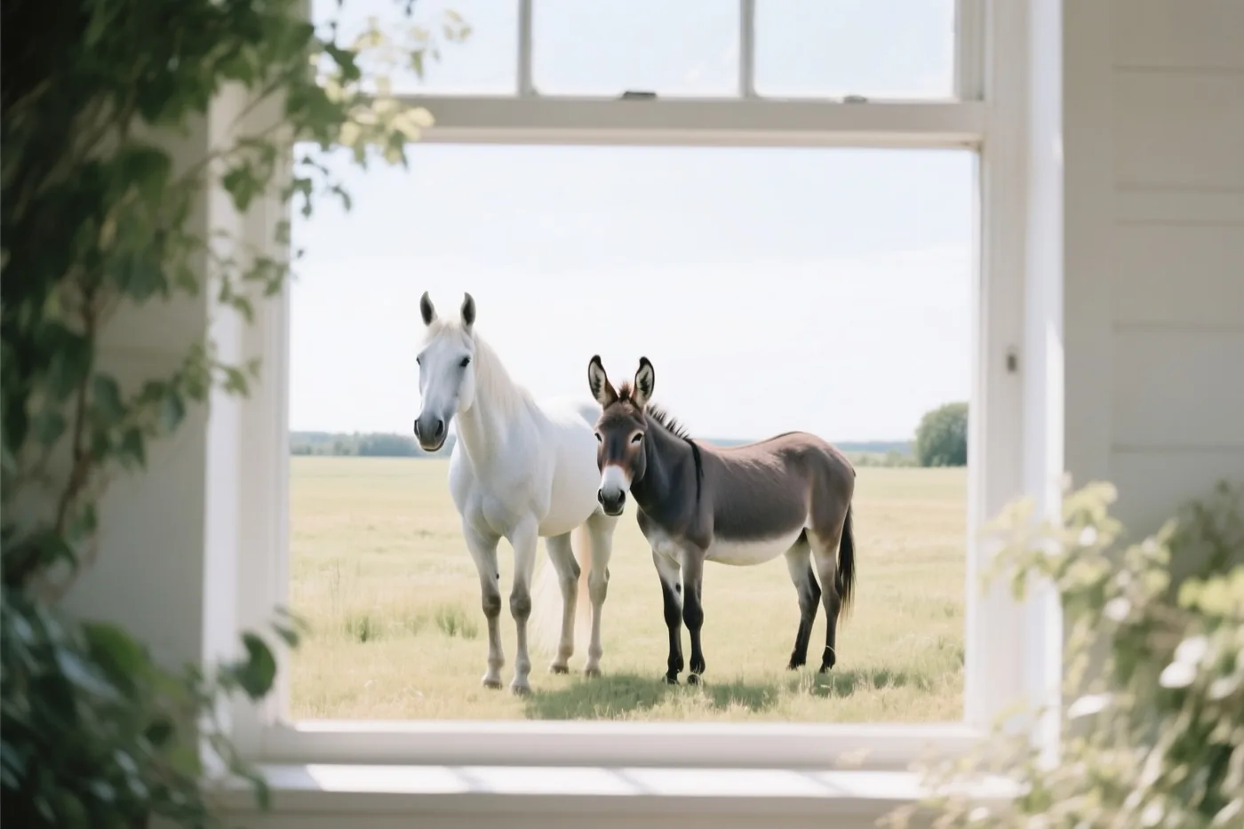 Door een wit raam zijn een wit paard en een grijze ezel naast elkaar in een zonnige groene weide te zien, met bladeren langs het raam.