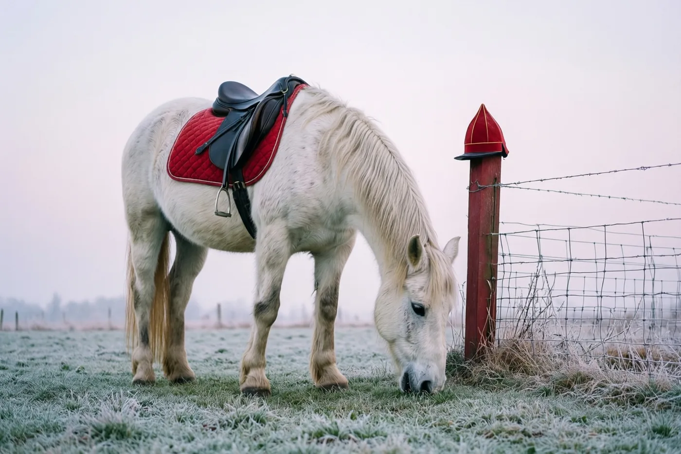 Een wit paard met een rood zadeldek graast in een mistige, berijpte weide naast een weidepaal met een rode mijter.