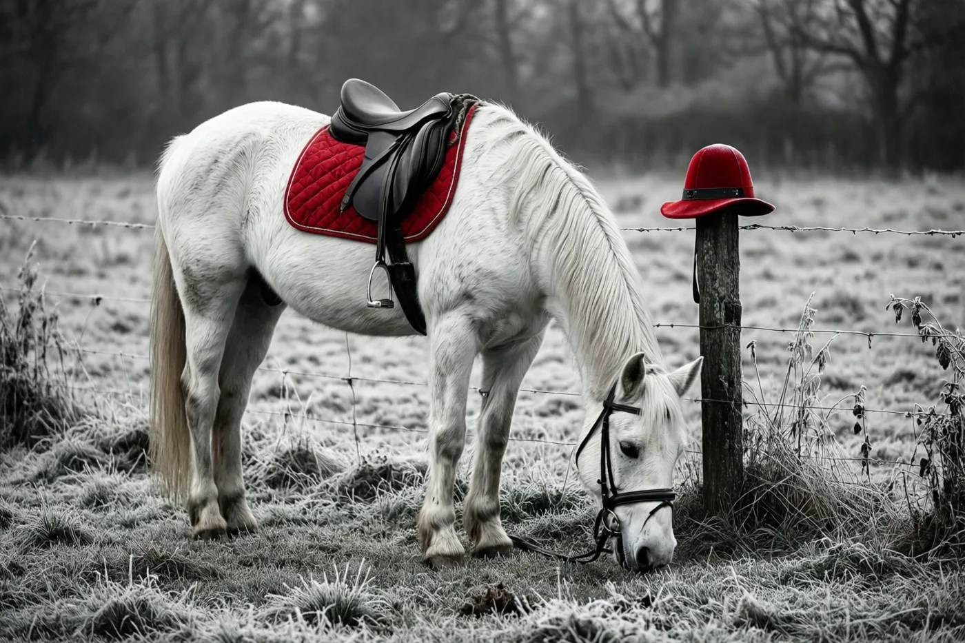 Een wit paard met een rood zadeldek graast in een berijpte weide naast een weidepaal met een rode mijter, waarbij de rode accenten afsteken tegen de zwart-witte omgeving.