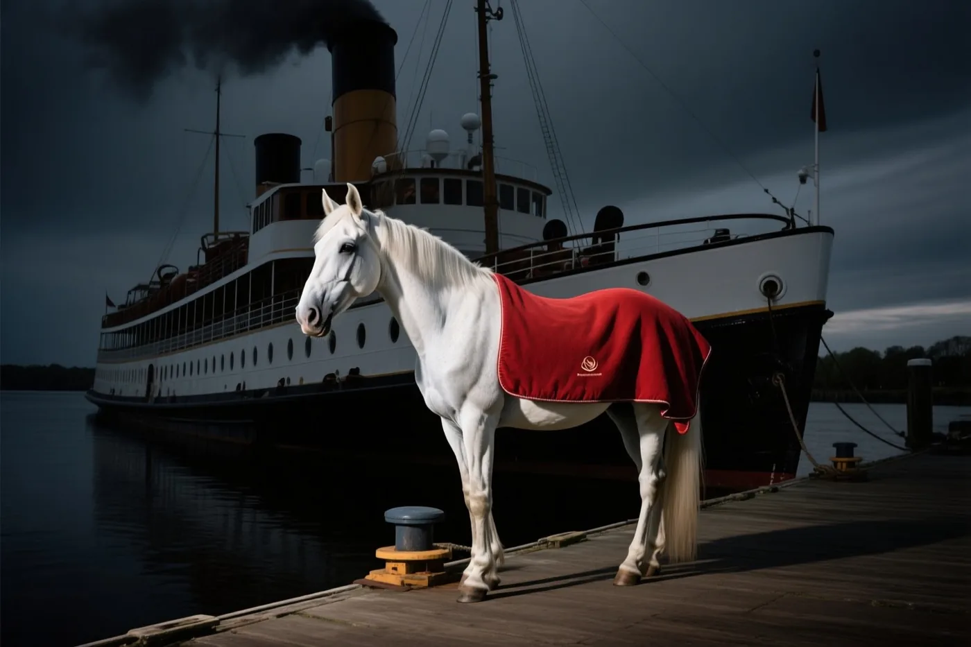 Een wit paard met een rode deken staat op een houten kade naast een grote stoomboot onder een donkere, bewolkte hemel.