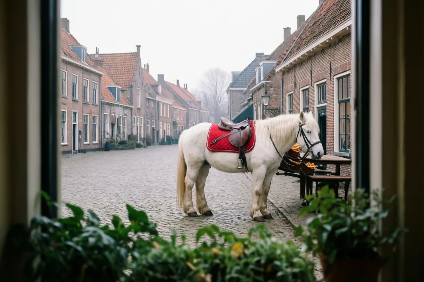 Door een raam met potplanten is een wit paard met een rood zadeldek naast een houten tafel te zien, in een mistige dorpsstraat met kasseien en bakstenen gebouwen.