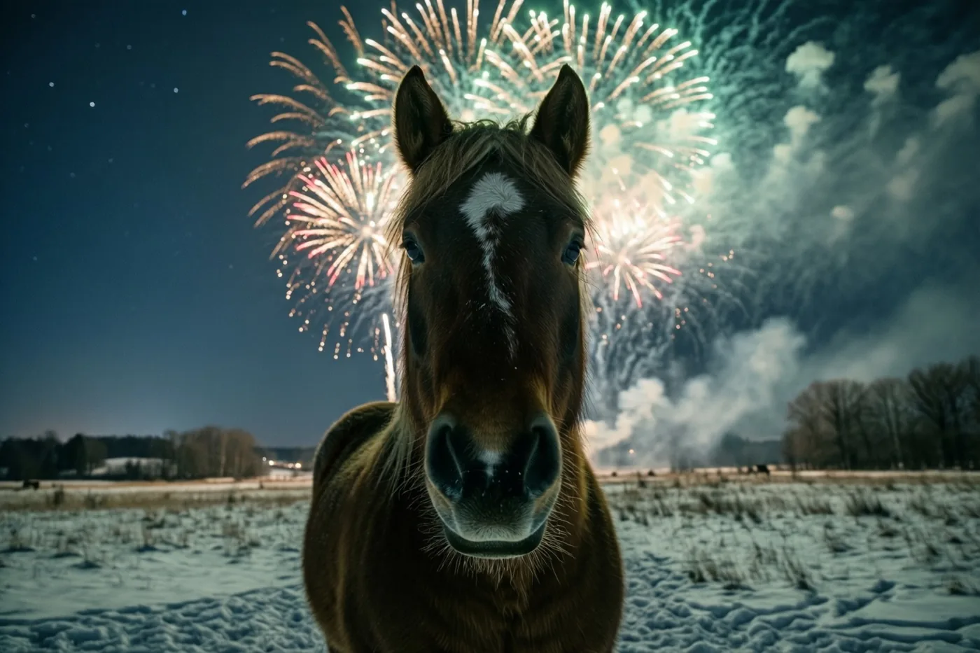 Een bruin paard met een witte aftekening op het voorhoofd staat van dichtbij in beeld in een besneeuwde weide, met kleurrijk vuurwerk boven een verre bomenrij.