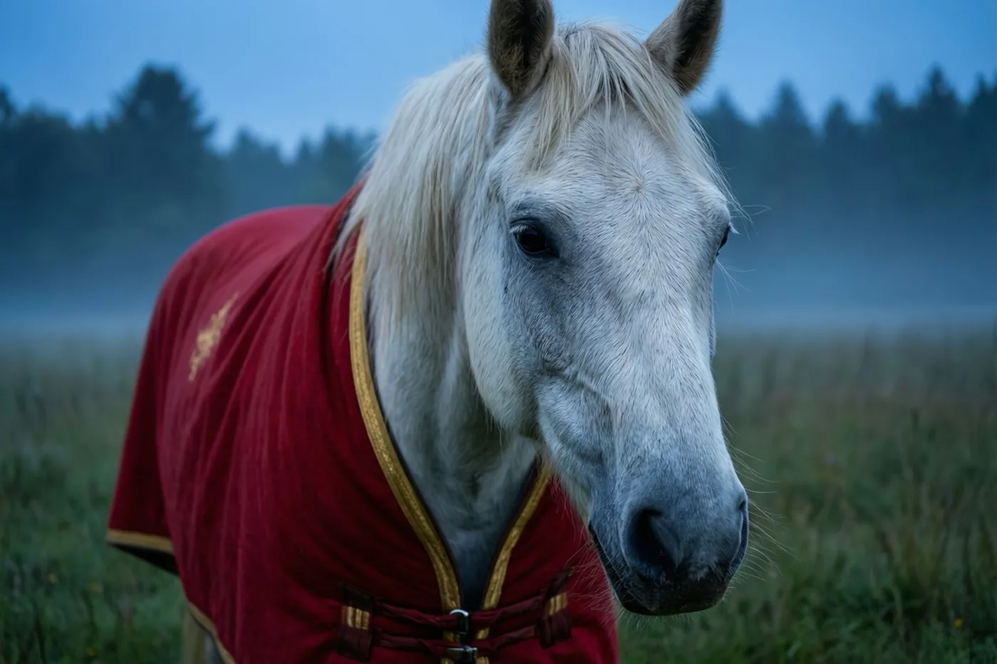 Een wit paard met een rode deken met gouden rand staat in een mistige weide in blauw ochtendlicht, met een bos op de achtergrond.