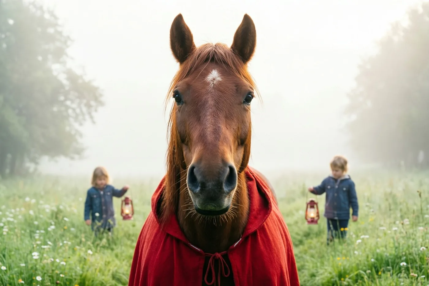 Een bruin paard met een rode mantel staat in een mistige weide met groen gras en witte bloemen, met twee kinderen met lantaarns op de achtergrond.