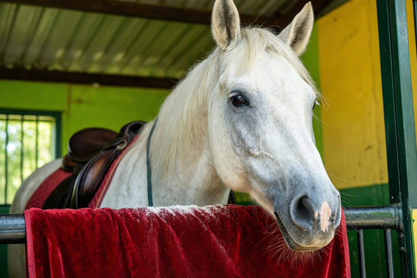 Een wit paard met een donker zadel en een rood fluwelen zadeldek kijkt over een stang in een stal met groene en gele muren.