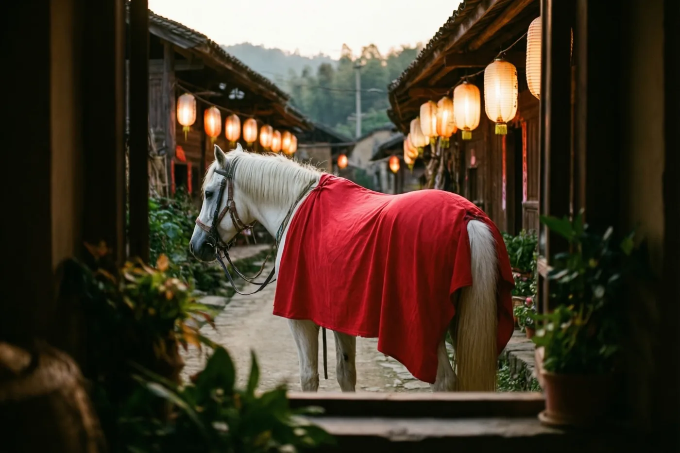 Door een deuropening is een wit paard met een rode mantel te zien in een dorpsstraat waar bij valavond papieren lampionnen branden.