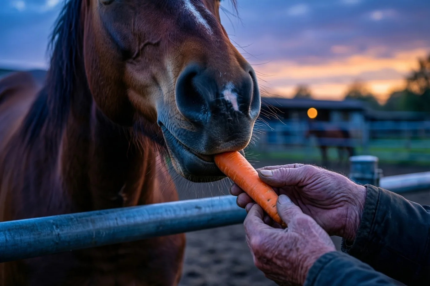 Een bruin paard neemt bij schemering een wortel uit de gerimpelde handen van een oudere persoon over een metalen omheining, met warme zonsondergangkleuren onder een koele blauwe lucht.