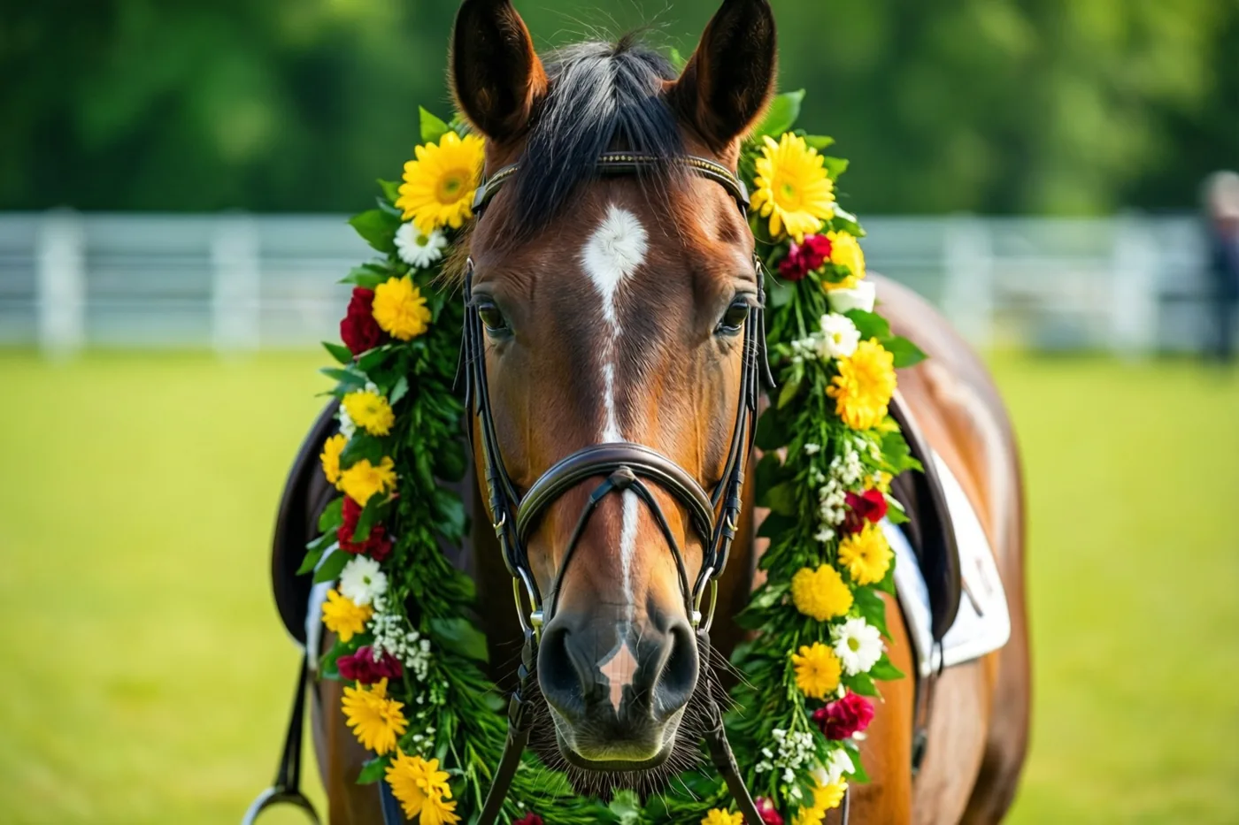 Een bruin paard met een witte bles en een kleurrijke bloemenkrans staat in een grasveld, met een onscherpe witte omheining en groen op de achtergrond.