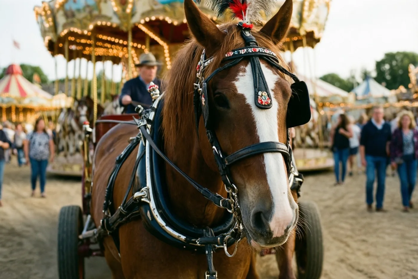 Een bruin paard met een witte bles en een sierlijk tuig trekt een kar, met een onscherpe draaimolen en mensen op een zandpad in warm goudkleurig licht.
