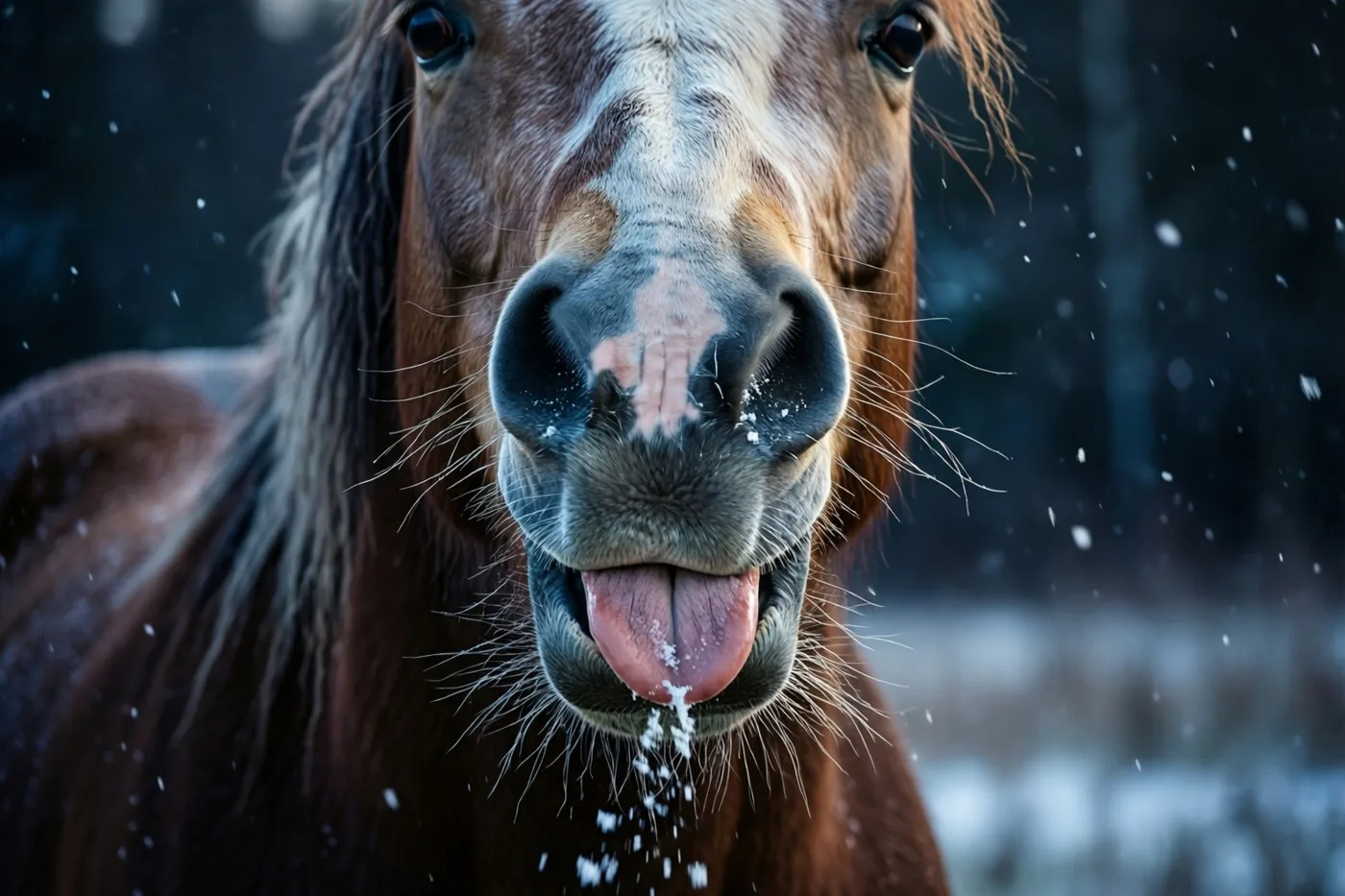 Een bruin paard met een witte bles steekt zijn tong uit naar vallende sneeuwvlokken tegen een donkere wazige winterachtergrond.