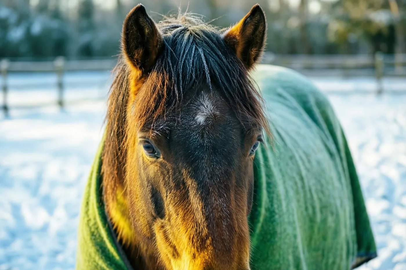 Een bruin paard met een groene deken en rijp op de manen staat van dichtbij in beeld in een besneeuwde paddock met zacht zonlicht.