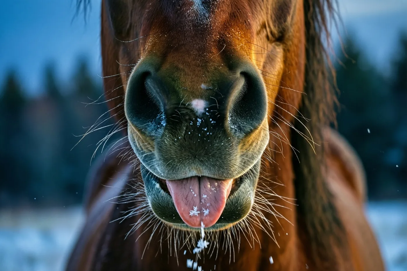 Een bruin paardenhoofd is van dichtbij te zien met rijp op de tastharen en tong tegen een besneeuwde winterachtergrond.