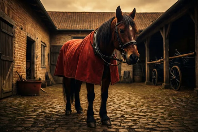 Een bruin paard met een rode mantel staat op een gekasseid boerenerf tussen bakstenen en houten gebouwen onder een bewolkte hemel, in warme, vervaagde kleuren.