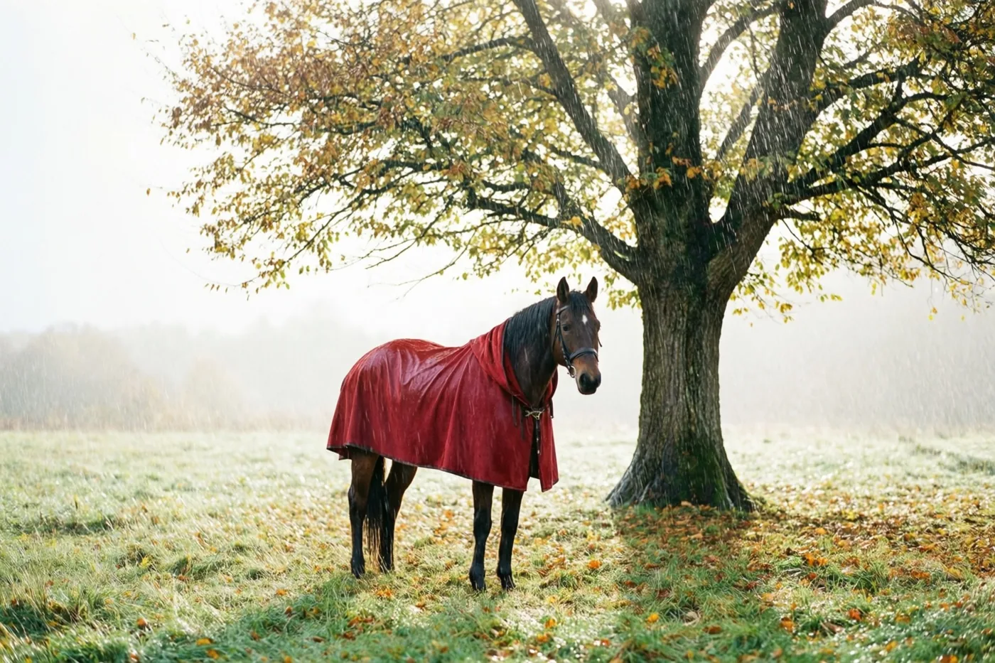 Een donkerbruin paard met een rode regendeken staat tijdens lichte regen onder een grote boom met gele bladeren in een mistige grasweide.