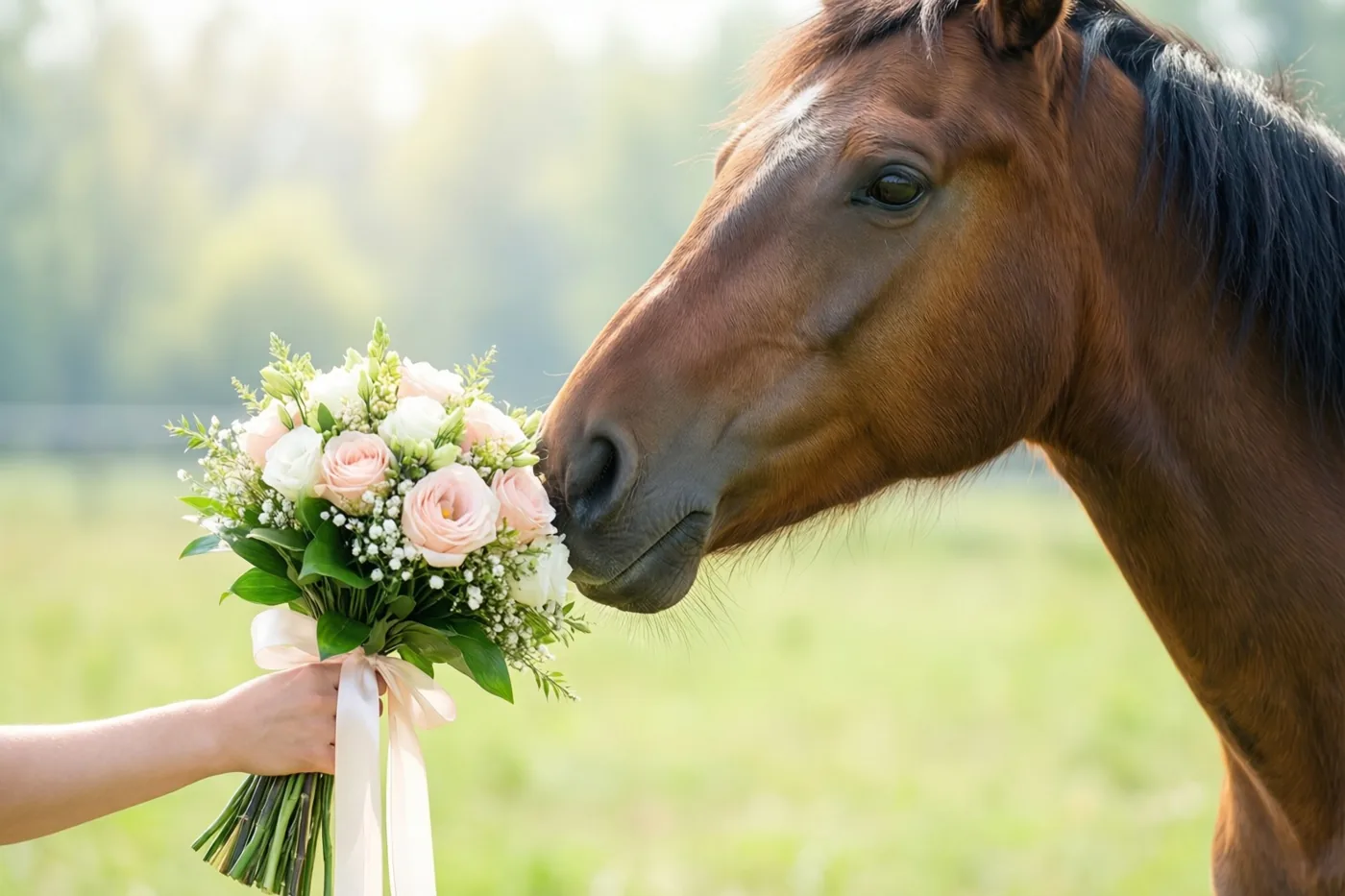Een bruin paard snuffelt aan roze en witte rozen die een hand aanreikt in een zonnige groene weide.