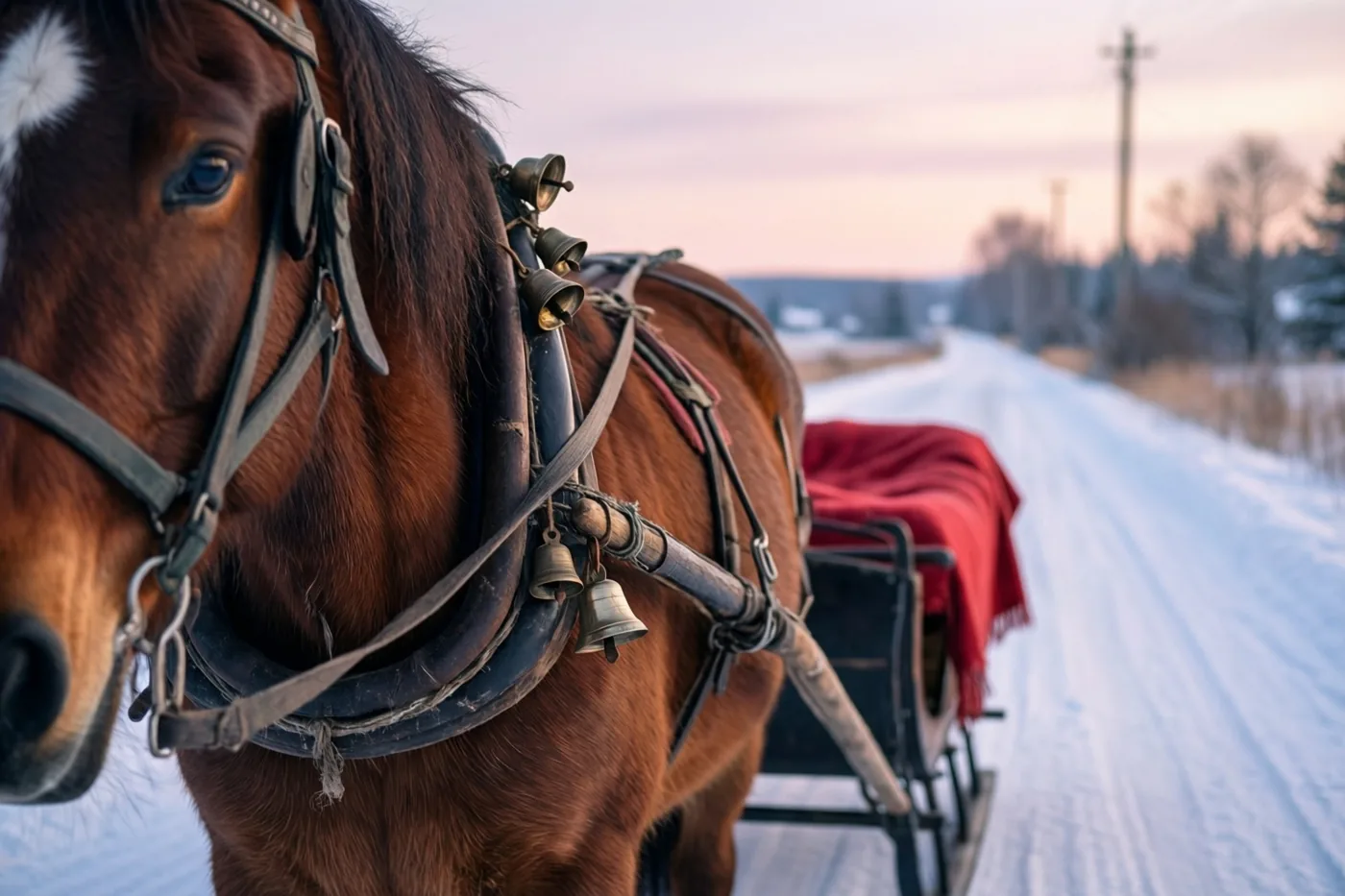 Een bruin paard met belletjes aan zijn tuig trekt van dichtbij gezien een slee met een rode deken over een besneeuwde landweg onder een roze en paarse schemerlucht.