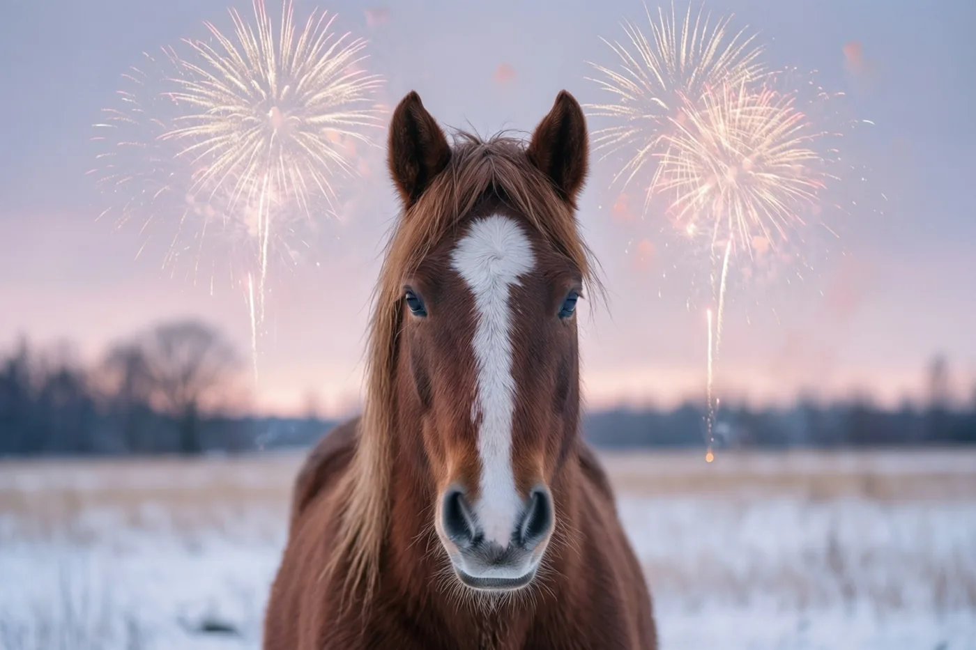 Een bruin paard met een witte bles kijkt naar de camera vanuit een besneeuwde weide, met vuurwerk aan de schemerhemel achter zich.